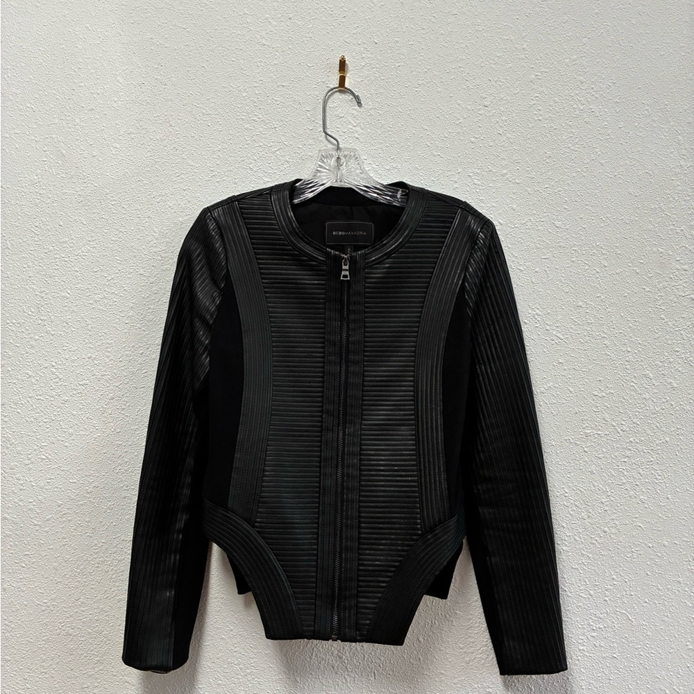 BCBGMaxAzria Black Leather Jacket Sleek Minimalist Design